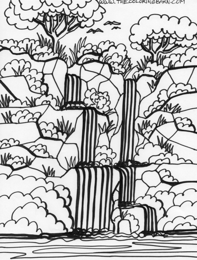 Rainforest waterfall coloring page